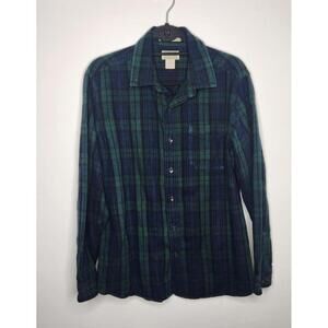LL Bean Shirt Mens Medium Green Blue Plaid Flannel Traditional Fit Cotton Pocket